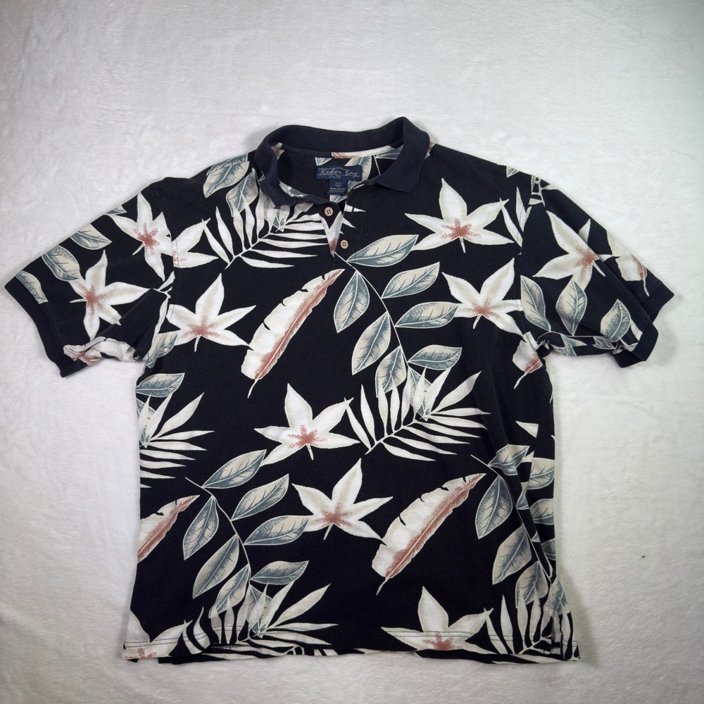 Keeler Bay‎ Mens Polo Shirt Large Black Floral Tropical Hawaiian Golf Casual